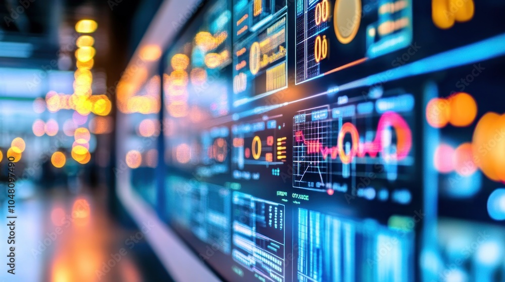 A close-up view of a large screen displaying data and graphs in a darkened room with blurred lights in the background. A close-up view of a large screen displaying data and graphs in a darkened room with blurred lights in the background.