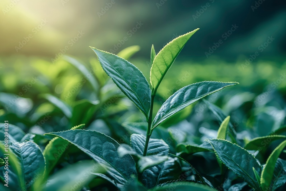 A Single Sprig of Lush Green Tea Leaves in Sunlight A Single Sprig of Lush Green Tea Leaves in Sunlight
