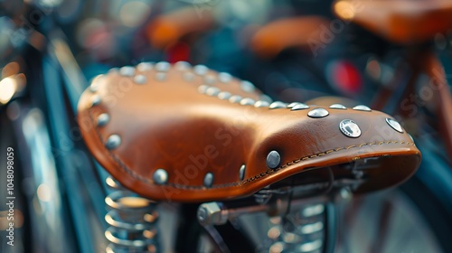 Focus on the riveted leather seat of a vintage bike photo