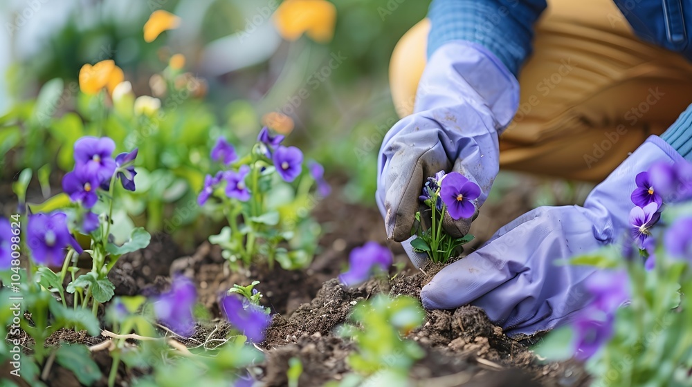 Fototapeta premium Close-up of gardener's hands in gloves planting purple flowers in the garden