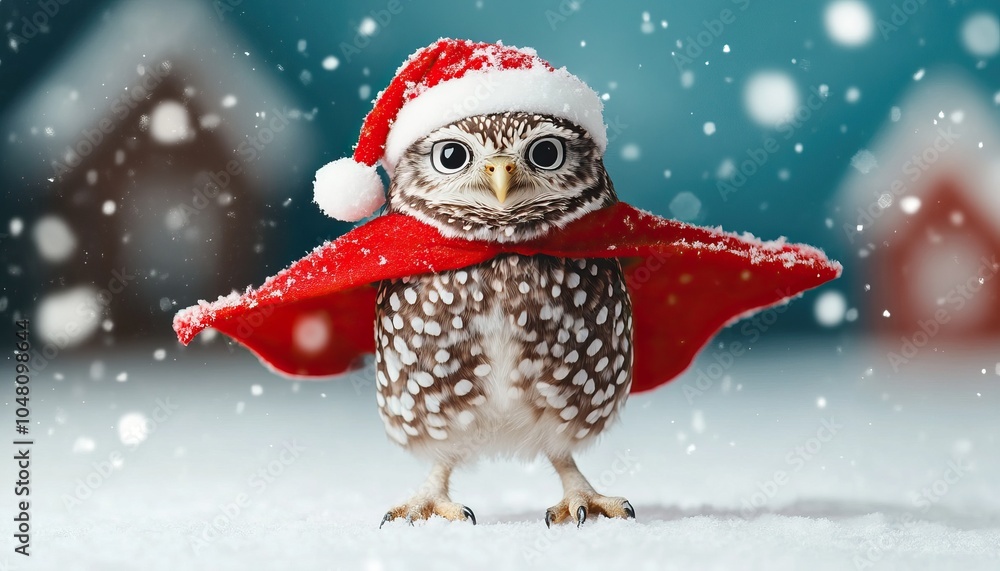 Owl in festive attire, wearing a Santa hat and scarf, surrounded by snowfall, winter wonderland setting. Owl in festive attire, wearing a Santa hat and scarf, surrounded by snowfall, winter wonderland setting.