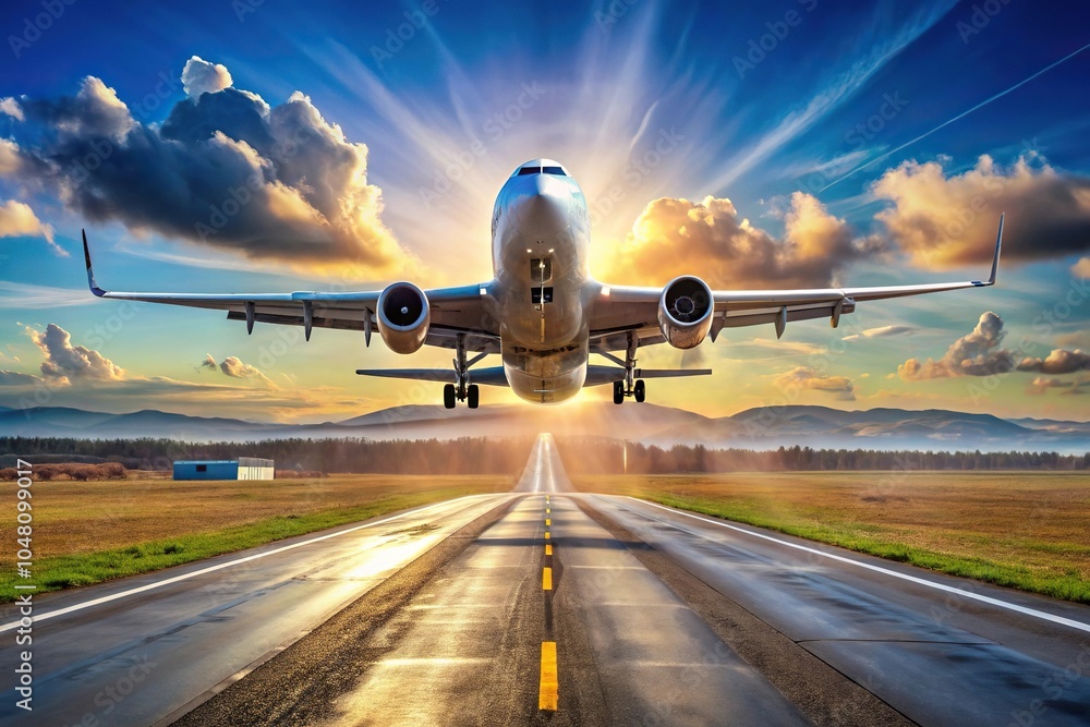 Thrilling takeoff aircraft soaring into blue sky Thrilling takeoff aircraft soaring into blue sky