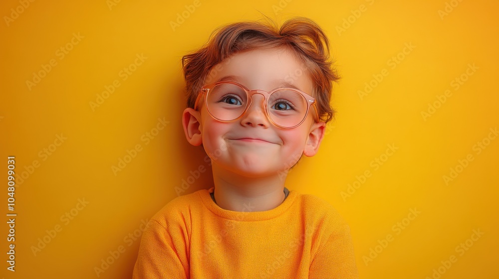 A cheerful child with curly hair and colorful glasses smiles against a bright yellow background during a sunny afternoon A cheerful child with curly hair and colorful glasses smiles against a bright yellow background during a sunny afternoon