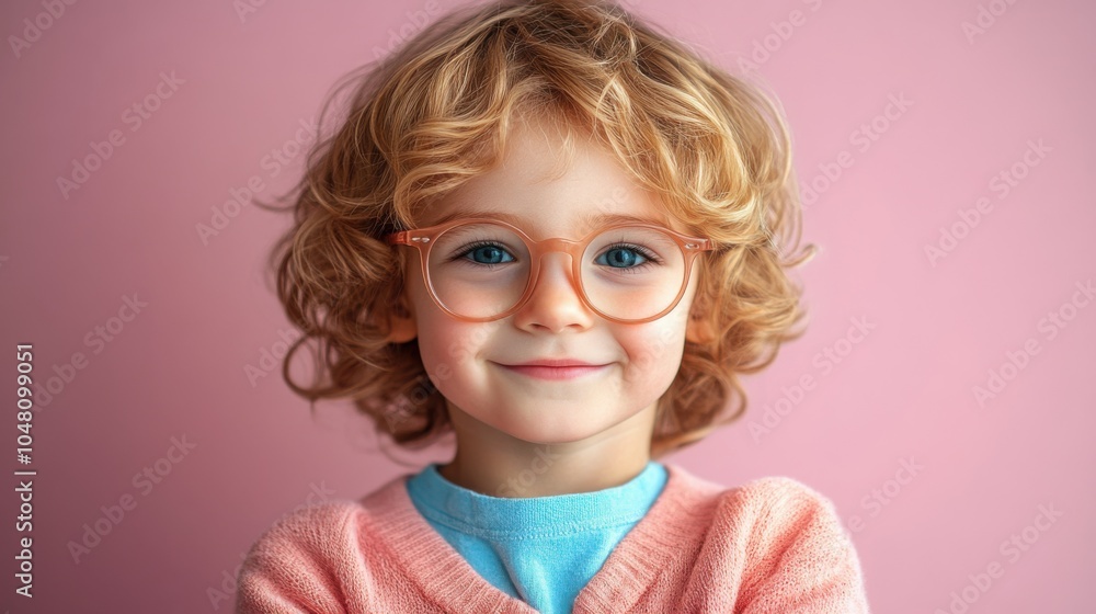 Cheerful young child with curly hair and glasses smiles brightly against a pink background, showcasing a joyful moment captured indoors Cheerful young child with curly hair and glasses smiles brightly against a pink background, showcasing a joyful moment captured indoors