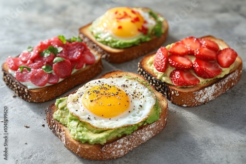 Variety of avocado toasts with eggs and fruits