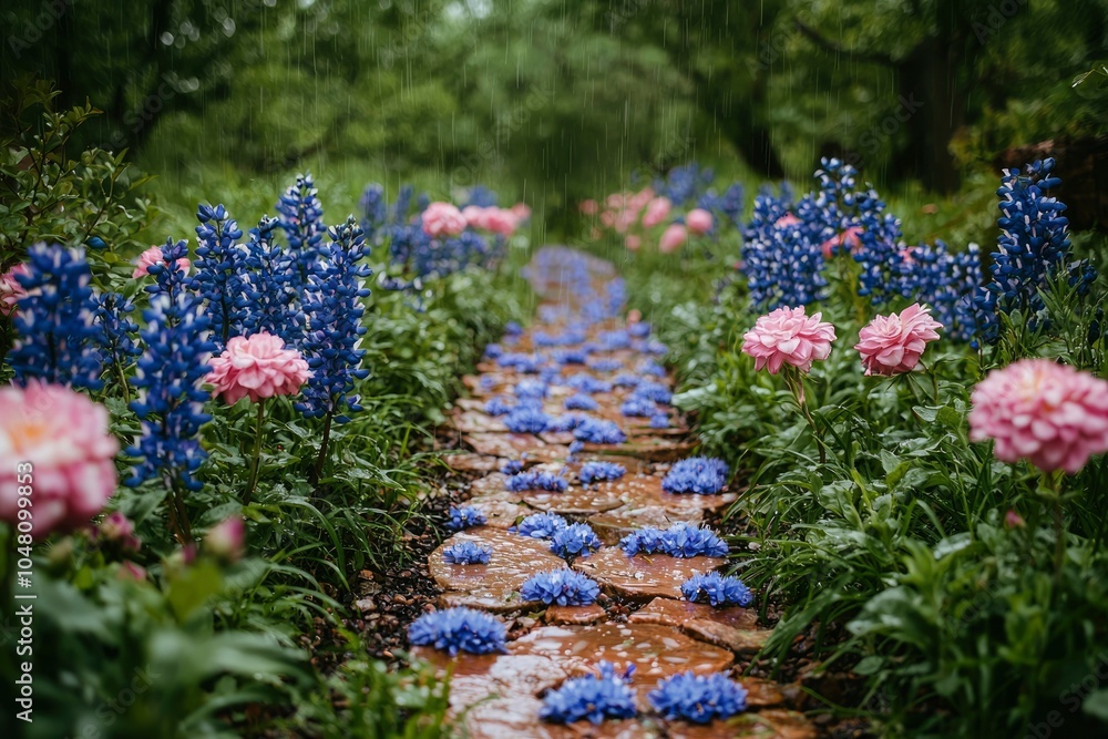 Obraz premium Rainy Garden Path Lined with Blue and Pink Flowers