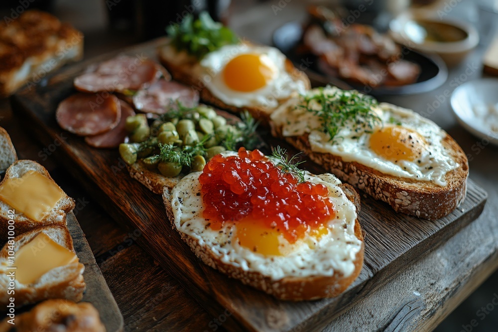 Gourmet Breakfast Toasts with Eggs and Caviar Gourmet Breakfast Toasts with Eggs and Caviar