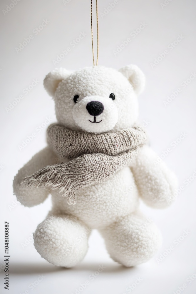 Hanging teddy bear with scarf against white backdrop Hanging teddy bear with scarf against white backdrop