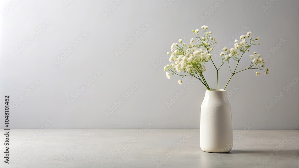 Naklejka premium A simple bouquet of delicate white blooms arranged in a plain white vase against a minimalist backdrop.