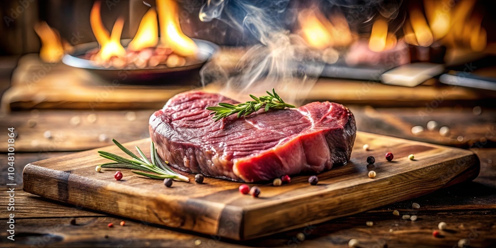 Φωτογραφία A succulent steak rests on a wooden cutting board, seasoned with herbs and peppercorns, with the warmth of flames and wisps of smoke creating a tantalizing ambiance