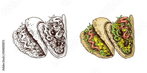 Hand-drawn colored and monochrome sketch of taco on white background. Fast food vintage illustration. Element for the design of labels, packaging and postcards