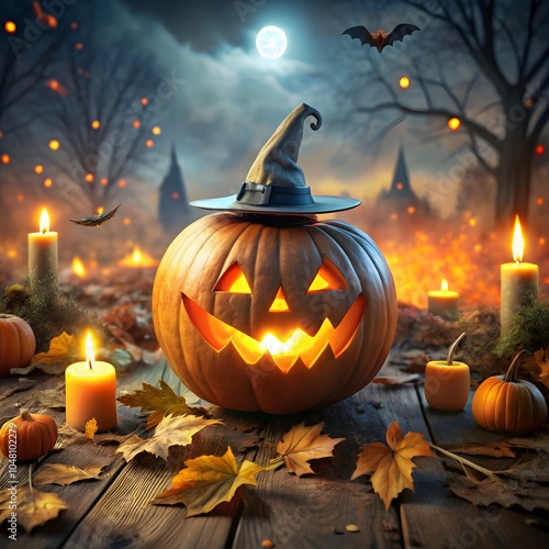 Halloween pumpkin head jack lantern with burning candles spooky forest with a moon and pumpkins in graveyard in the spooky night, Generative AI
 photo