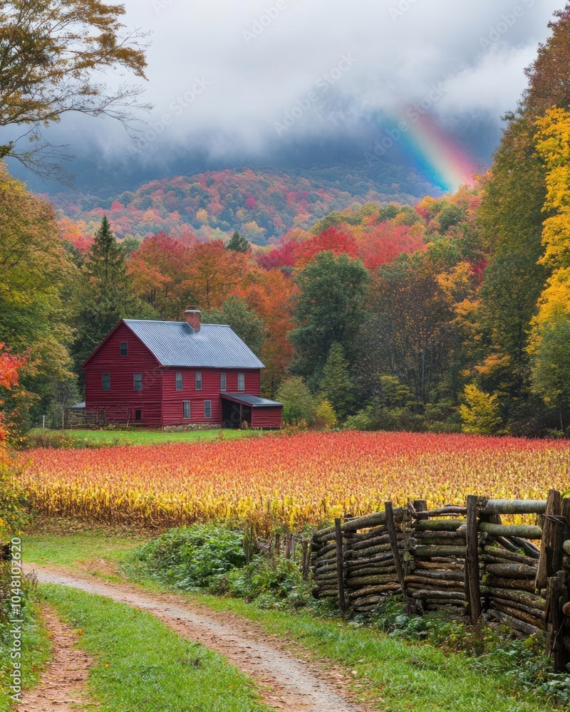 A scenic autumn landscape featuring a red house, colorful trees, and a rainbow in the sky. A scenic autumn landscape featuring a red house, colorful trees, and a rainbow in the sky.