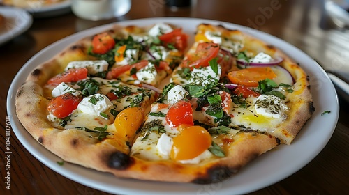 Wallpaper Mural A delicious combination of Greek salad, pizza, and yogurt artfully presented on a clean white plate Torontodigital.ca