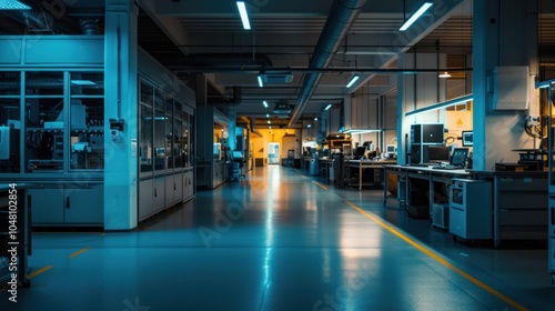 An Empty Industrial Corridor with Blue Lighting and Yellow Lines