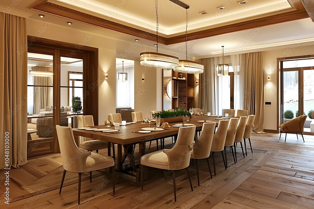Fototapeta premium Interior of modern dining room with wooden walls