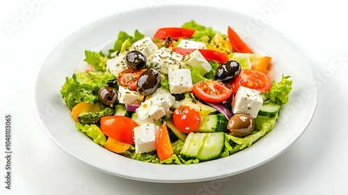 A vibrant Greek salad with feta cheese, olives, and fresh vegetables on a pristine white plate, ready to be served