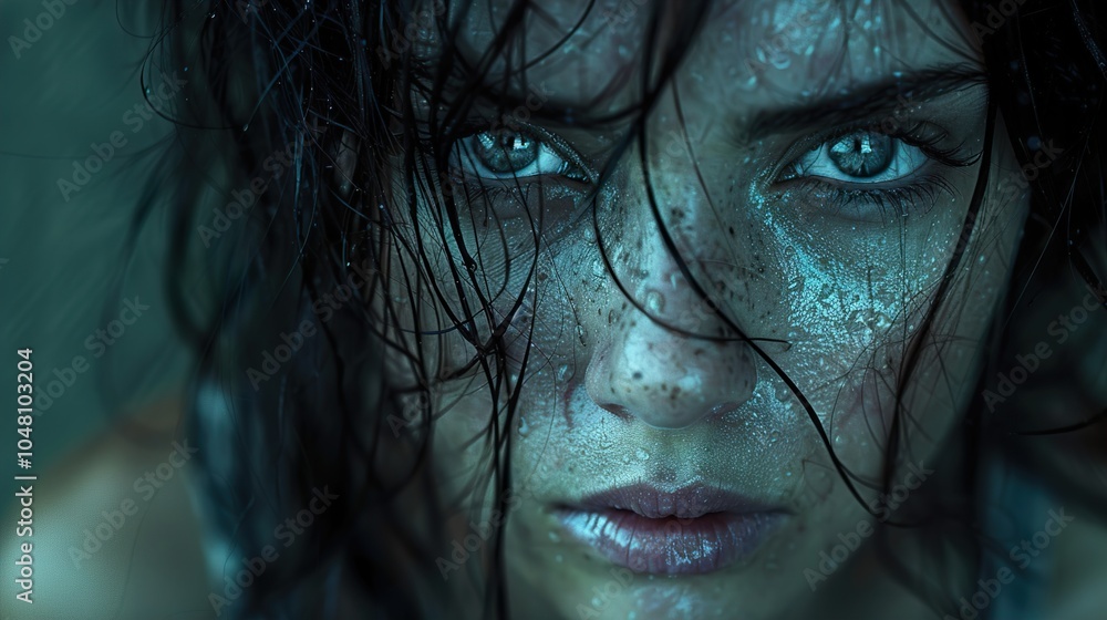 Intense Close-Up Portrait of a Woman with Wet Hair and Dramatic Eyes Intense Close-Up Portrait of a Woman with Wet Hair and Dramatic Eyes