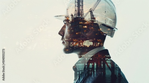 A Man in a Hard Hat with an Oil Rig Superimposed Over His Face