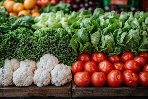 Fresh Produce Display with Caulifower, Tomatoes, and Greens photo