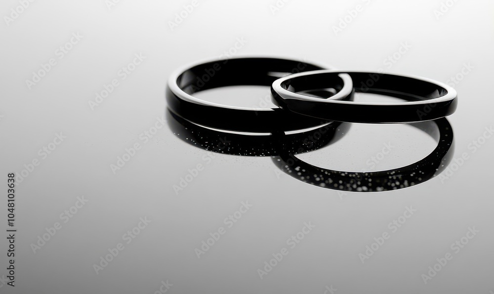 Two black rings resting on a reflective surface, symbolizing unity and love. Two black rings resting on a reflective surface, symbolizing unity and love.