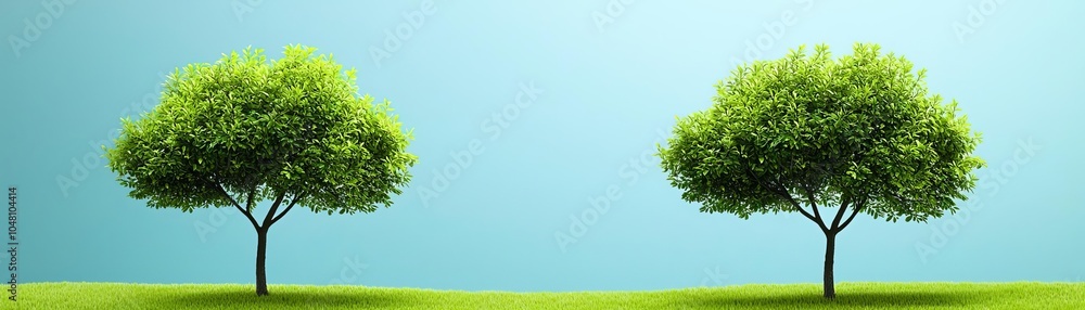 Two lush green trees stand symmetrically on a vibrant grassy landscape under a clear blue sky, symbolizing nature's beauty and tranquility. Two lush green trees stand symmetrically on a vibrant grassy landscape under a clear blue sky, symbolizing nature's beauty and tranquility.