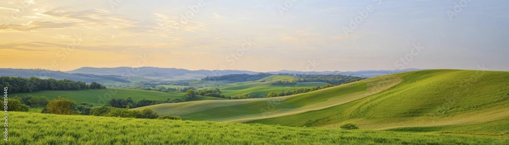 Fototapeta premium Diverse landscapes revealing regional variations in agriculture, rolling hills, golden hour lighting, serene composition