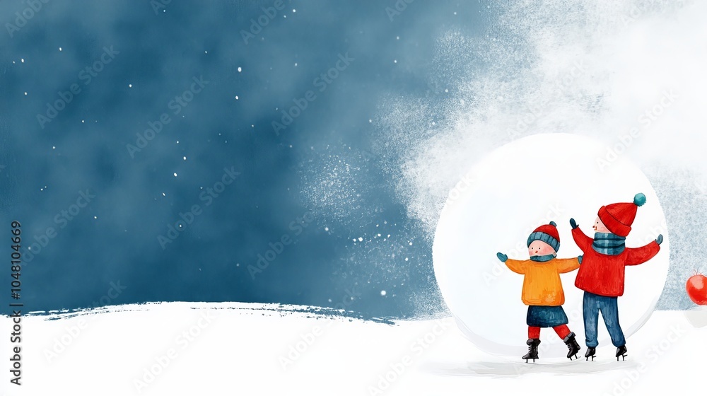 Two children play joyfully in the snow, building a snowman amidst a frosty winter landscape, dressed in colorful winter attire. Two children play joyfully in the snow, building a snowman amidst a frosty winter landscape, dressed in colorful winter attire.