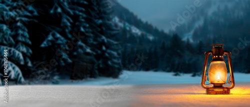 Lantern Glow Winter Scene, Snowy Forest, Serene Evening Atmosphere, Soft Light, Tranquil Wilderness, Silent Night Beauty