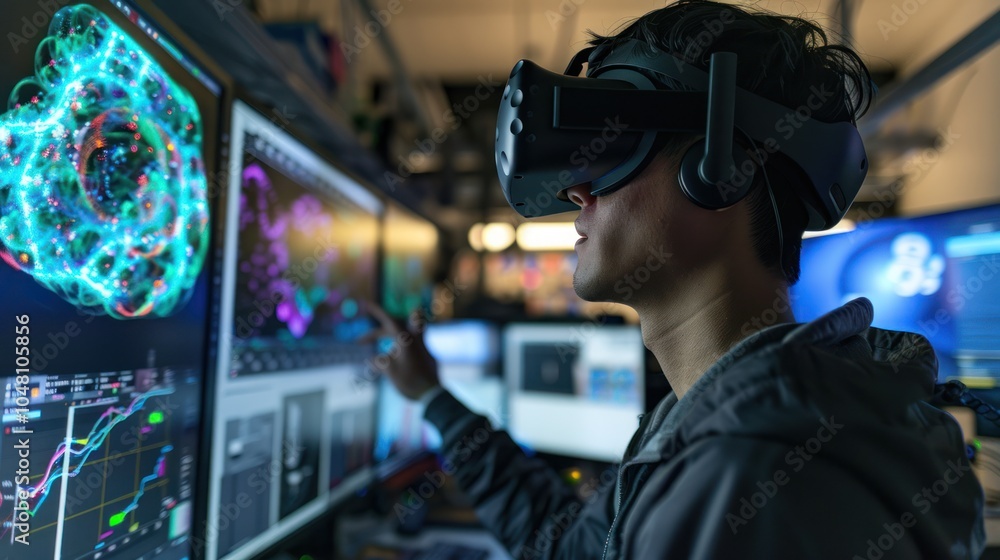 Man wearing a VR headset in front of computer screens displaying data and graphs Man wearing a VR headset in front of computer screens displaying data and graphs