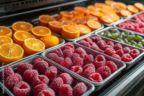 Freshly Washed Oranges, Raspberries, and Green Berries in Trays photo