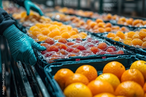 Gloved Hand Placing Fresh Oranges and Dried Apricots in Boxes photo