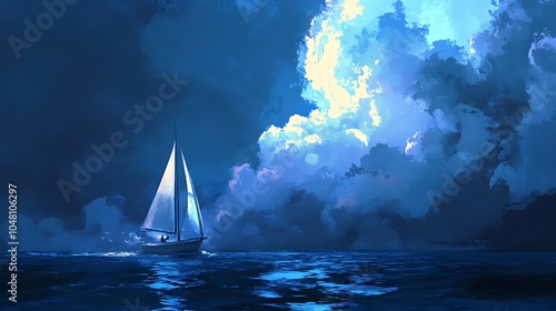 A sailboat navigates through a dark blue sea, with dramatic clouds illuminated in the distance.