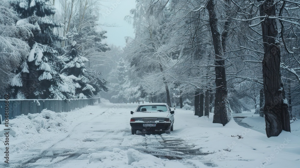 A Car Driving on a Snowy Road Through a Forest A Car Driving on a Snowy Road Through a Forest