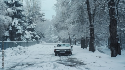 A Car Driving on a Snowy Road Through a Forest