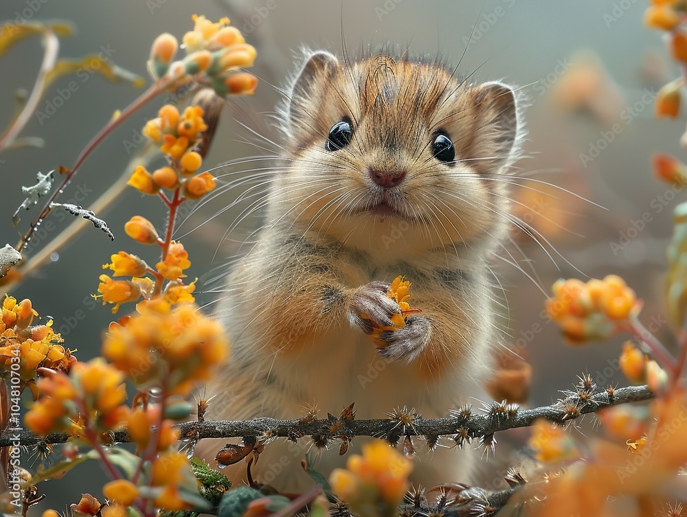 Adorable Tiny Rodent Among Yellow Flowers Adorable Tiny Rodent Among Yellow Flowers