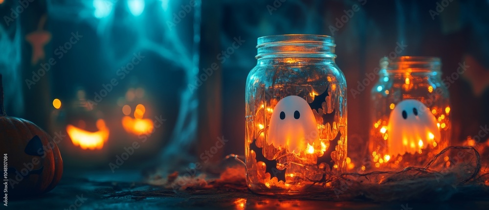 Whimsical Halloween scene featuring illuminated ghost figurines in glass jars, surrounded by glowing pumpkins and a mystical, dimly lit atmosphere. Whimsical Halloween scene featuring illuminated ghost figurines in glass jars, surrounded by glowing pumpkins and a mystical, dimly lit atmosphere.