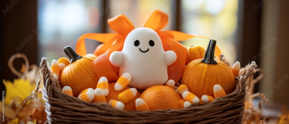A cheerful Halloween basket filled with cute miniature pumpkins, colorful candy corn, and an adorable smiling ghost plush, creating a festive autumn vibe. A cheerful Halloween basket filled with cute miniature pumpkins, colorful candy corn, and an adorable smiling ghost plush, creating a festive autumn vibe.
