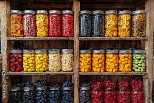 A Wooden Shelf Displaying Various Dried Fruits in Glass Jars