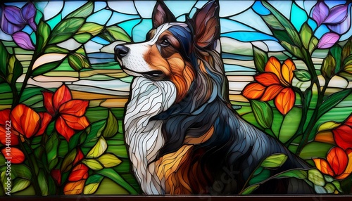stained glass dog with landscape background