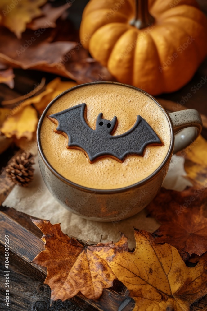 A cozy autumn scene featuring a steaming cup of coffee topped with a spooky bat-shaped chocolate, surrounded by colorful fallen leaves and a pumpkin. A cozy autumn scene featuring a steaming cup of coffee topped with a spooky bat-shaped chocolate, surrounded by colorful fallen leaves and a pumpkin.
