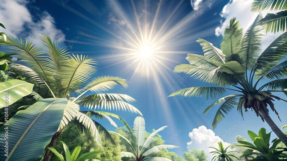 Fototapeta premium Dense Tropical Jungle with Vibrant Greenery and Sun Rays