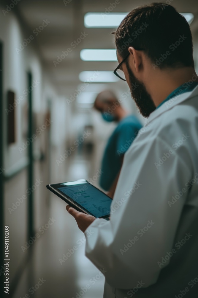 A focused doctor in a white coat checks a digital tablet in a hospital corridor, with blurred colleagues and clinical lights enhancing the healthcare atmosphere. A focused doctor in a white coat checks a digital tablet in a hospital corridor, with blurred colleagues and clinical lights enhancing the healthcare atmosphere.
