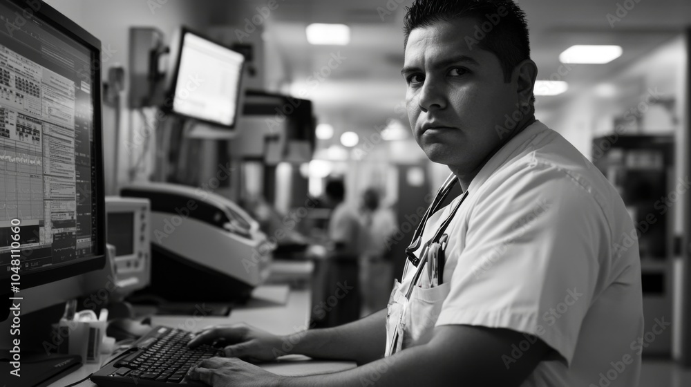 A focused male healthcare professional in a hospital setting, intently working on a computer, conveying dedication and urgency in patient care. A focused male healthcare professional in a hospital setting, intently working on a computer, conveying dedication and urgency in patient care.