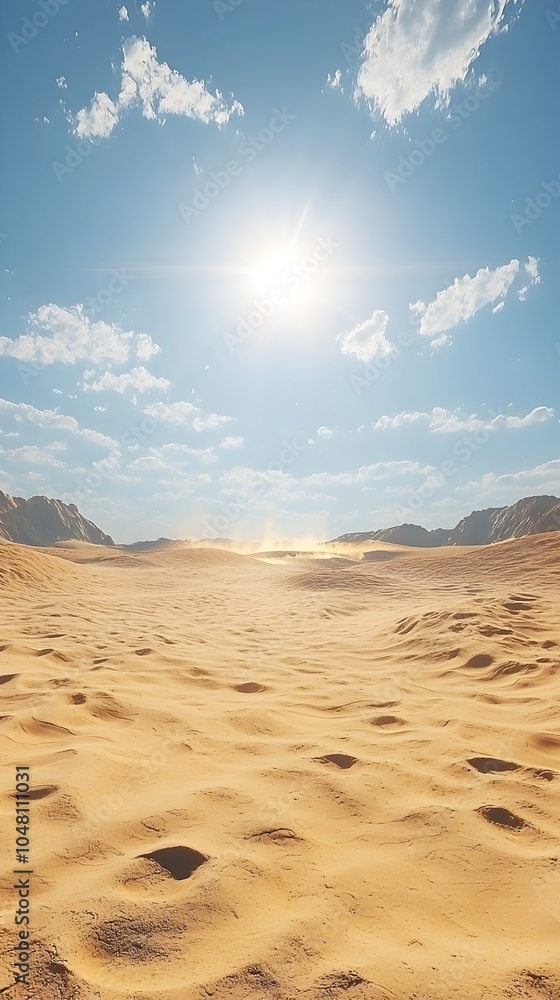 A vast golden desert landscape under a bright sun, with soft sand dunes stretching toward distant mountains and a clear blue sky dotted with clouds. A vast golden desert landscape under a bright sun, with soft sand dunes stretching toward distant mountains and a clear blue sky dotted with clouds.