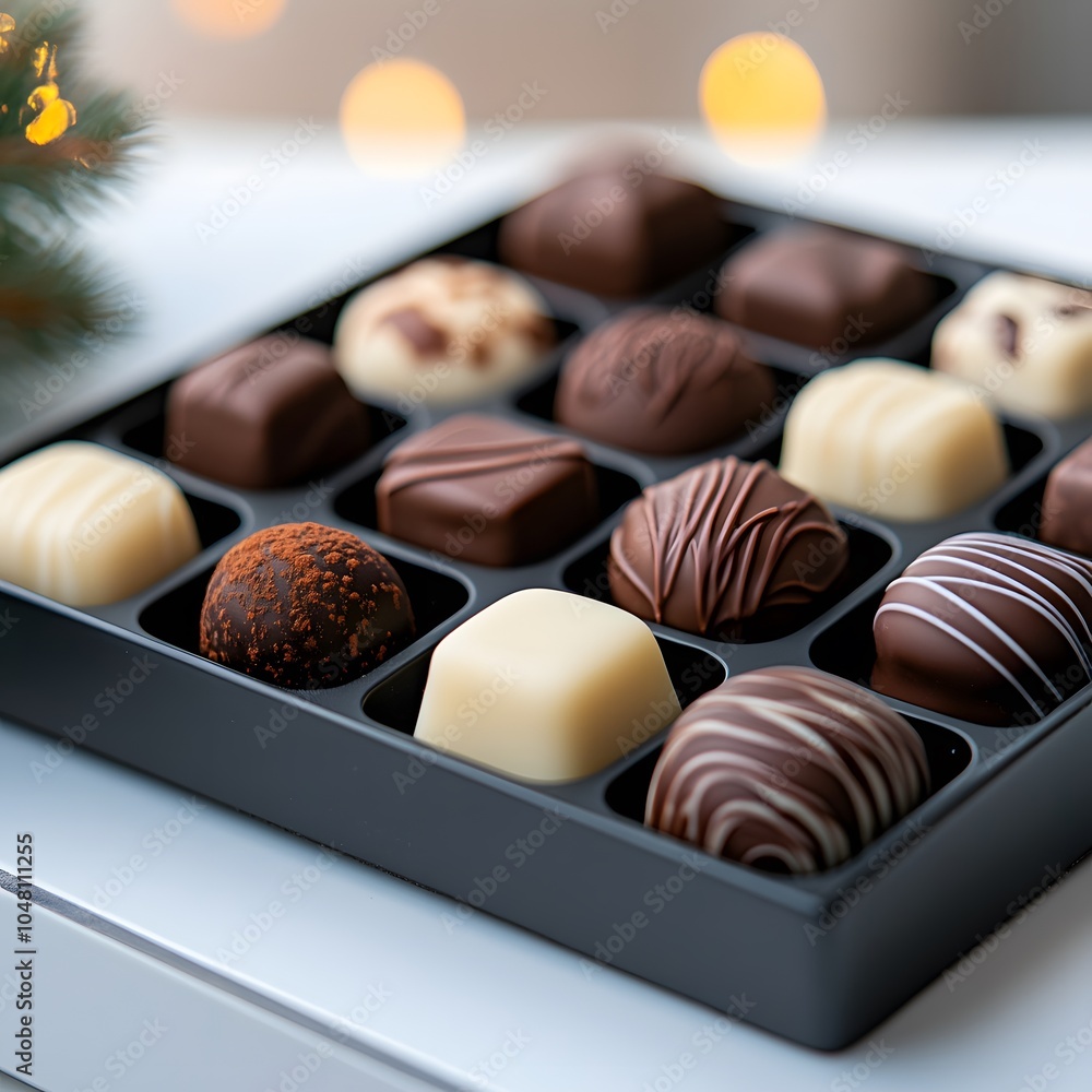 A beautifully arranged box of assorted chocolates featuring various styles and flavors, perfect for gifting or indulging during festive occasions. A beautifully arranged box of assorted chocolates featuring various styles and flavors, perfect for gifting or indulging during festive occasions.