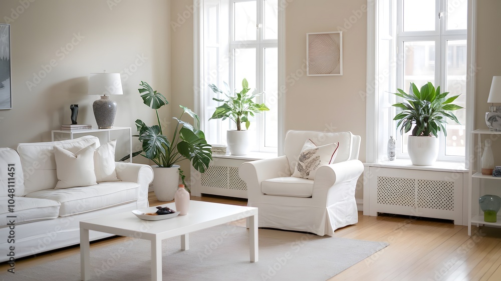 a bright and airy cozy living room with white furniture, light wood floors, and indoor plants by the windows. a bright and airy cozy living room with white furniture, light wood floors, and indoor plants by the windows.
