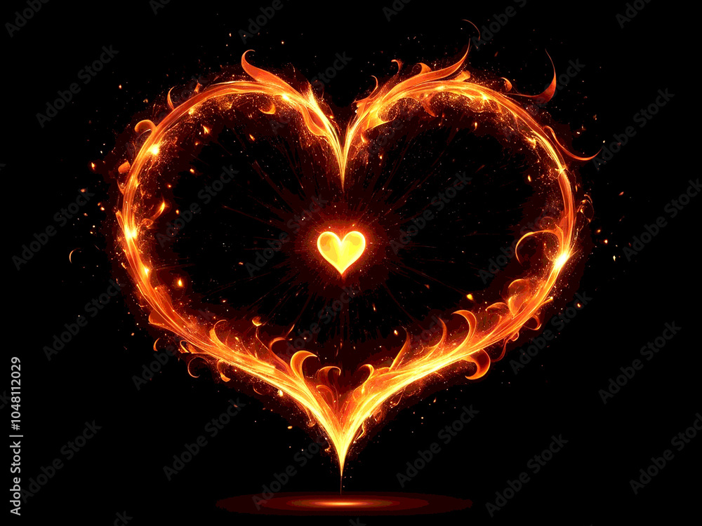 Fototapeta premium Abstract design fiery heart shape with glowing sparkling particles on a black background.