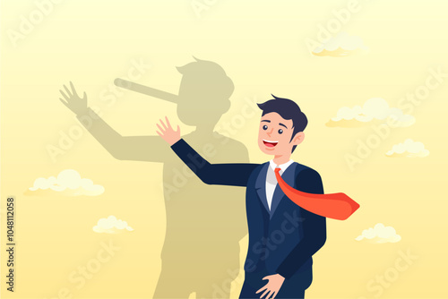 Dishonesty businessman lying with Pinocchio long nose shadow, honesty or trust, liar, fake or business fraud, integrity or telling the truth, false information, cheating or hiding the truth concept