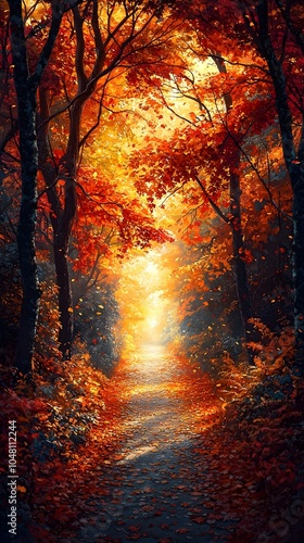 A serene autumn pathway illuminated by warm golden light, surrounded by vibrant red and orange foliage. The scene evokes tranquility and the beauty of nature's change.